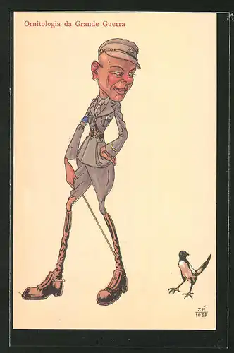 AK Vogel verfolgt einen Soldat ganz unauffällig, Karikatur, Ornitologia da Grande Guerra