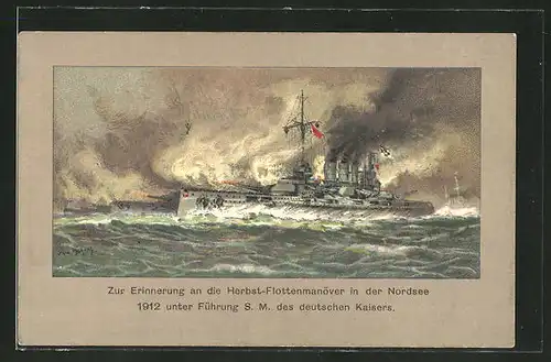 Künstler-AK Hans Bohrdt: Herbst-Flottenmanöver in der Nordsee 1912, Kriegsschiff