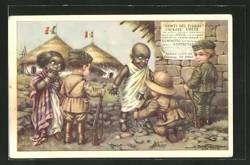 Künstler-AK A. Bertiglia: kleiner ital. Soldaten in Afrika, Sklaven, Propaganda