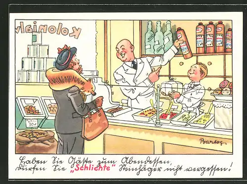 Künstler-AK Ferdinand Barlog: Haben sie Gäste zum Abendessen..., Schlichte, Reklame