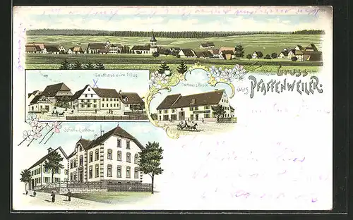 Lithographie Pfaffenweiler, Gasthaus zum Pflug, Gasthaus zum Rössle, Schul- und Rathaus, Totalansicht