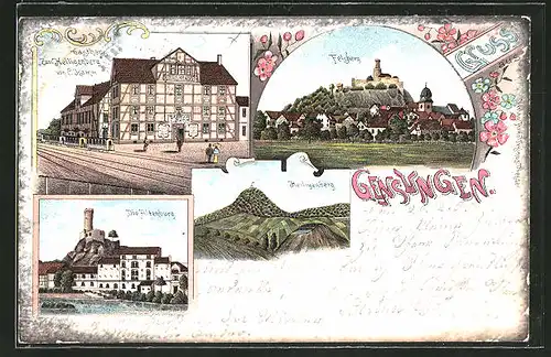 Lithographie Gensungen, Gasthaus zum Heiligenberg von C. Kamm, die Altenburg, Felsberg, Heiligenberg