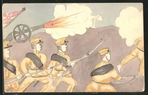 Künstler-AK Handgemalt: Russisch-Japanischer Krieg, japanische Soldaten