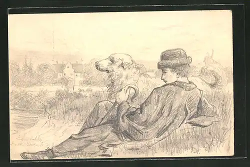Künstler-AK Handgemalt: Lichterfelde, Mann mit seinem Hund am Ortsrand, sign. Fritz Weissenborn 14.10.1902
