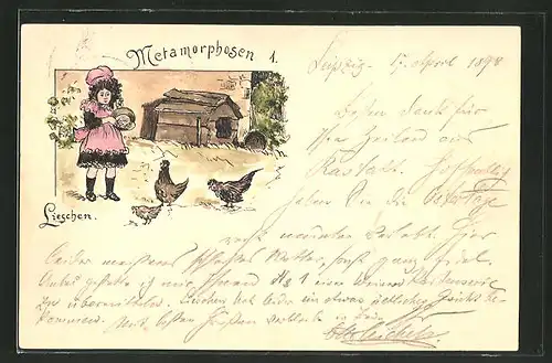 Künstler-AK Handgemalt: Methamorphosen 1 - Lieschen, kleines Mädchen füttert Hühner, sign. Otto Michels