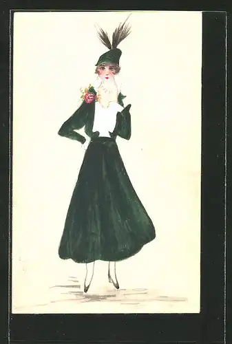 Künstler-AK Handgemalt: elegante Dame in grünem Kostüm mit Perlenkette & Federhütchen