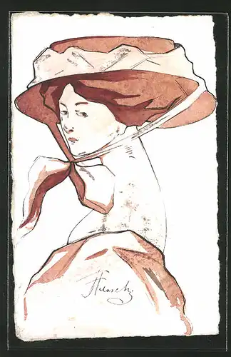 Künstler-AK Handgemalt: elegante Dame mit grossem Hut, sign. Arturo Fafaschi