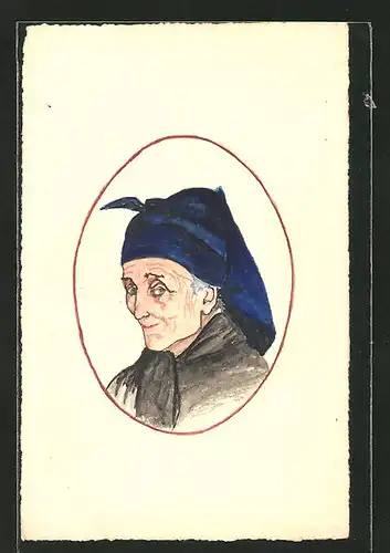 Künstler-AK Handgemalt: Porträt einer alten Frau mit Kopftuch
