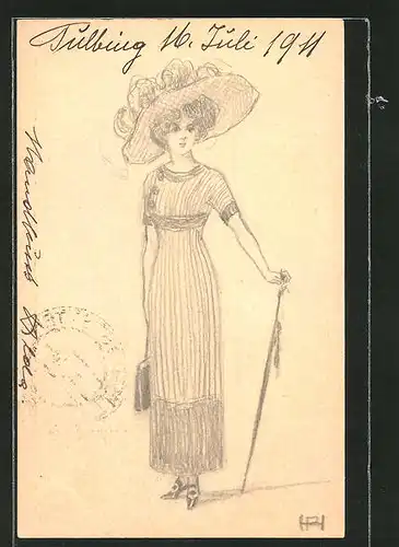 Künstler-AK Handgemalt: elegante Dame mit Hut & Sonnenschirm