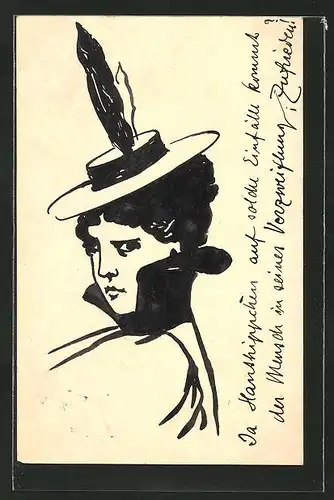 Künstler-AK Handgemalt: junge Dame mit Feder-Hut