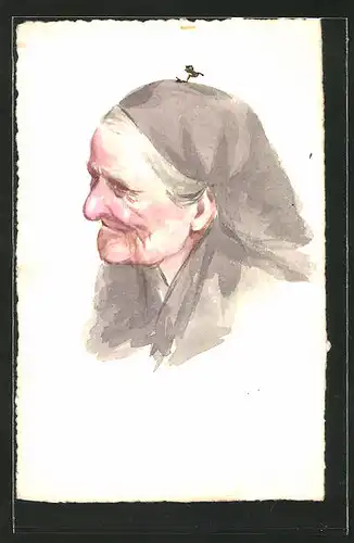 Künstler-AK Handgemalt: alte Frau mit Kopftuch