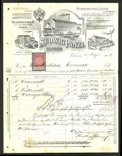Rechnung Leoben 1906, Vertretung der Ebenfurther Dampfmühle, Fabriken in Ebenfurth & Leoben