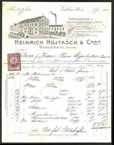 Rechnung Gablonz / Böhmen 1910, Glaswaren & Knöpfe-Fabrikation Heinrich Hojtasch & Comp., Strassenbahn & Geschäftshaus