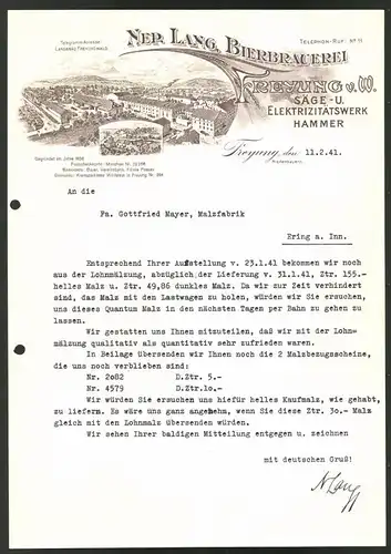 Briefkopf Freyung 1941, Bierbrauerei Nep. Lang, Fabrikanlagen, Säge & Elektrizitätswerk Hammer