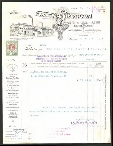Rechnung Wels 1910, Seifen und Kerzen-Fabrik Franz Swoboda, Fabrik und Medaillen