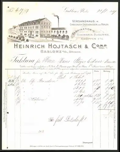 Rechnung Gablonz 1909, Glaswaren & Knöpfe-Fabrikation Heinrich Hojtasch & Comp., Strassenbahn vor Fabrik