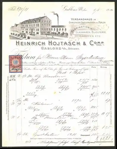 Rechnung Gablonz 1910, Versandhaus & Glaswaren-Fabrikation Heinrich Hojtasch & Comp., Fabrik & Strassenbahn