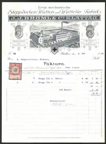 Rechnung Klattau 1910, Stepdecken & Wattelin-Fabrik J.J. Bruml & Co., Fabrik & Medaillen