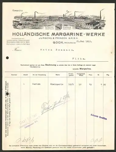 Rechnung Goch 1913, Holländische Margarinewerke Jurgens & Prinzen GmbH, Fabrikanlagen und Würfel Margarine