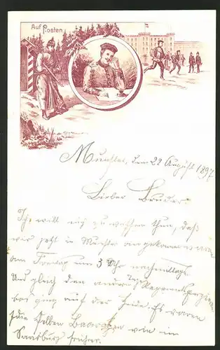 Briefkopf 1897, Deutscher Soldat am Postenhäuschen, Kaserne, Soldat schreibt einen Brief