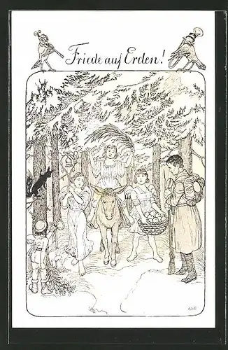 Künstler-AK Mathilde Ade: "Friede auf Erden!", Christkind auf Esel mit Engel-Begleitern