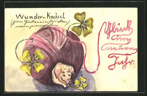 Künstler-AK Handgemalt: Neujahrsgruss, Schwein und Glücksklee in einem Wollknäuel