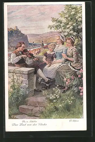 AK Szene aus Friedrich Schiller's "Das Lied von der Glocke" mit jungen Frauen, die einem Geiger zuhören