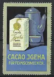 Reklamemarke Magdeburg, Kakao Igeha, Joh. Gottl. Hauswaldt, Kanne mit Tasse & Packung Kakao