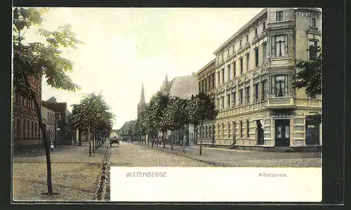 AK Wittenberge, Mittelstrasse mit Blick zur Kirche