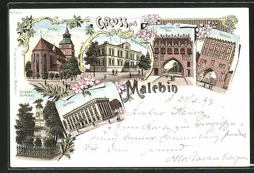 Lithographie Malchin, Realgymnasium, Rathaus, Kriegerdenkmal