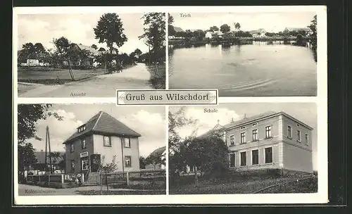 AK Wilschdorf, Ortspartie mit Häusern, Teich, Kolonialwaren, Schule