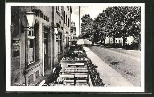 AK Glindow am See, Gasthaus "zum grünen Baum" mit Strassenpartie, Inh. Willi Wagener