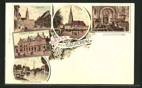 Lithographie Rathenow, Markt, Kaiserl. Post, Kirche, Inneres der Kirche, Schleusen-Canal
