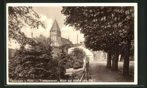 AK Grimmen / Pommern, Triebseestrasse mit Kirche und Tor