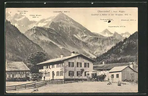 AK Oberstdorf, Gasthof z. Adler in der Birgsau mit Wilder Mann, Wildes Männle, Linkerskopf, Hochrappenkopf, Rappenköpfle