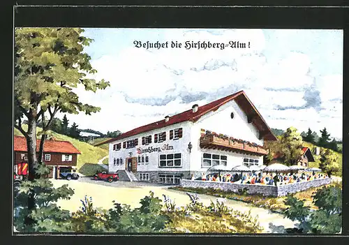 Künstler-AK Pähl, Blick zum Gasthaus Hirschberg-Alm mit Terrasse