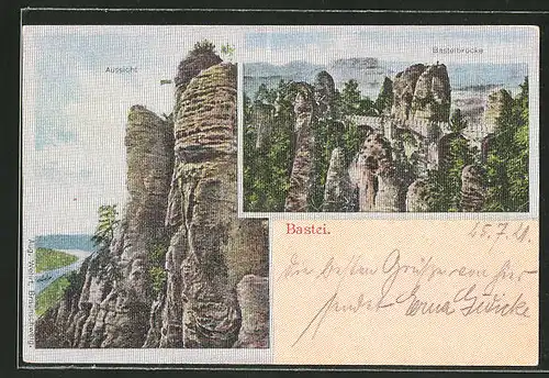 Seiden-Imitations-AK Bastei, Basteibrücke und Aussicht mit Felsen