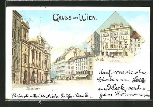 Künstler-AK Erwin Pendl: Wien, Carltheater und "Ronacher"