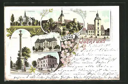 Lithographie Querfurt, Schule, Post, Kriegerdenkmal, Ständehaus