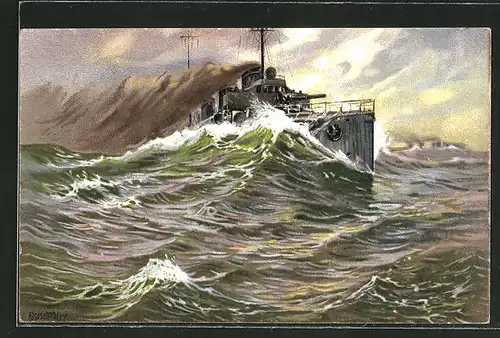 Künstler-AK K. Blossfeld: Kriegsschiff bei Windstärke 10