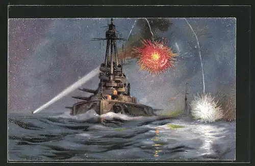 Künstler-AK K. Blossfeld: Kriegsschiff feuert Sternsignale ab