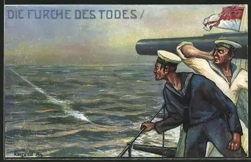 Künstler-AK K. Blossfeld: "Die Furche des Todes", Torpedo hält auf ein Schiff zu