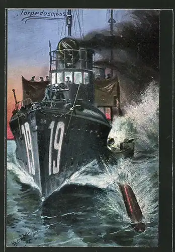 Künstler-AK K. Blossfeld: Torpedoschuss, Kriegsschiff
