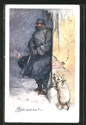 Künstler-AK F. Gareis: Halt wer da?, Soldat und Glücksschwein, Neujahr 1915