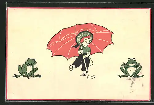 AK Kind mit Regenschirm und Frösche