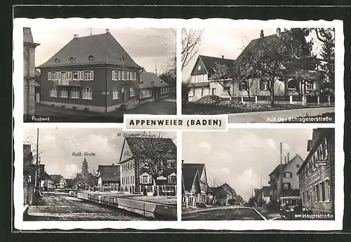 AK Appenweier / Baden, Post, Schlageterstrasse, kath. Kirche, Hauptstrasse