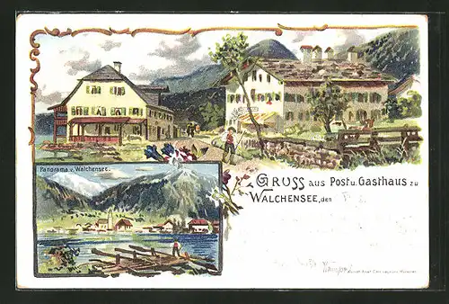 Lithographie Walchensee, Strassenpartie am Post- und Gasthaus, Panorama