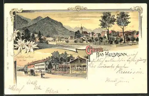 Lithographie Bad Heilbrunn, Gasthof zur Post, Ortsansicht