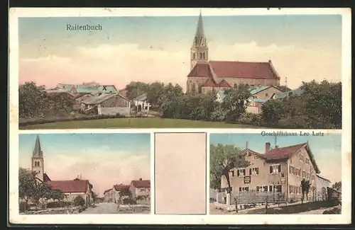 AK Raitenbuch, Geschäftshaus Leo Lutz, Strassenpartie mit Kirche