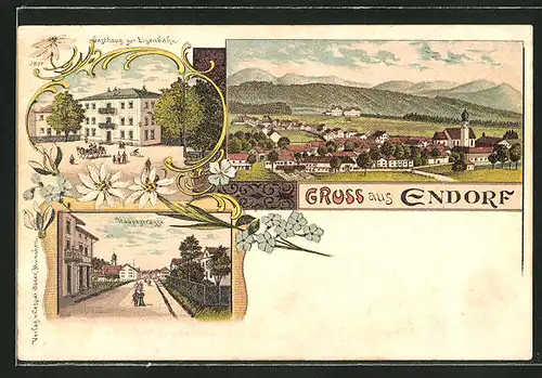 Lithographie Endorf, Totalansicht, Gasthaus zur Eisenbahn, Hauptstrasse